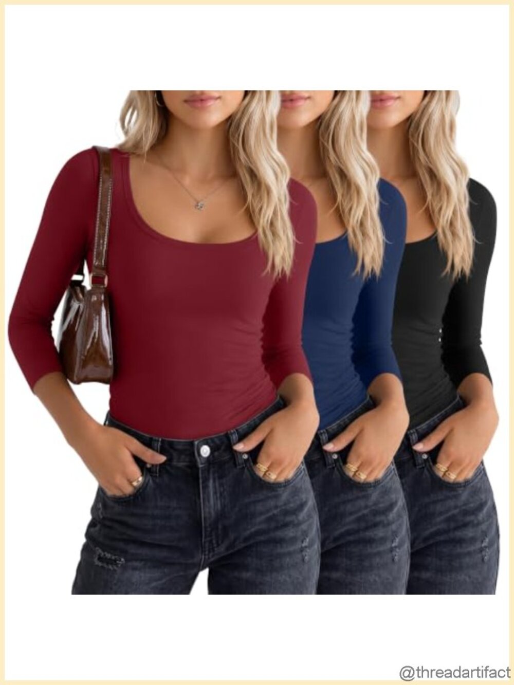 Women's 3/4 Sleeve Scoop Neck T-Shirts 3 Pack Cotton Blend Slim Fit Tees